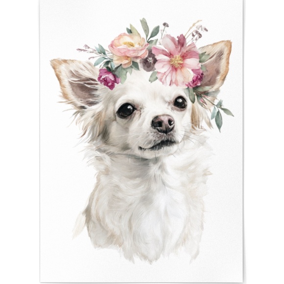 Watercolor White Chihuahua with Flowers Portrait Wall Art Print Poster Unframed - Picture 2 of 6